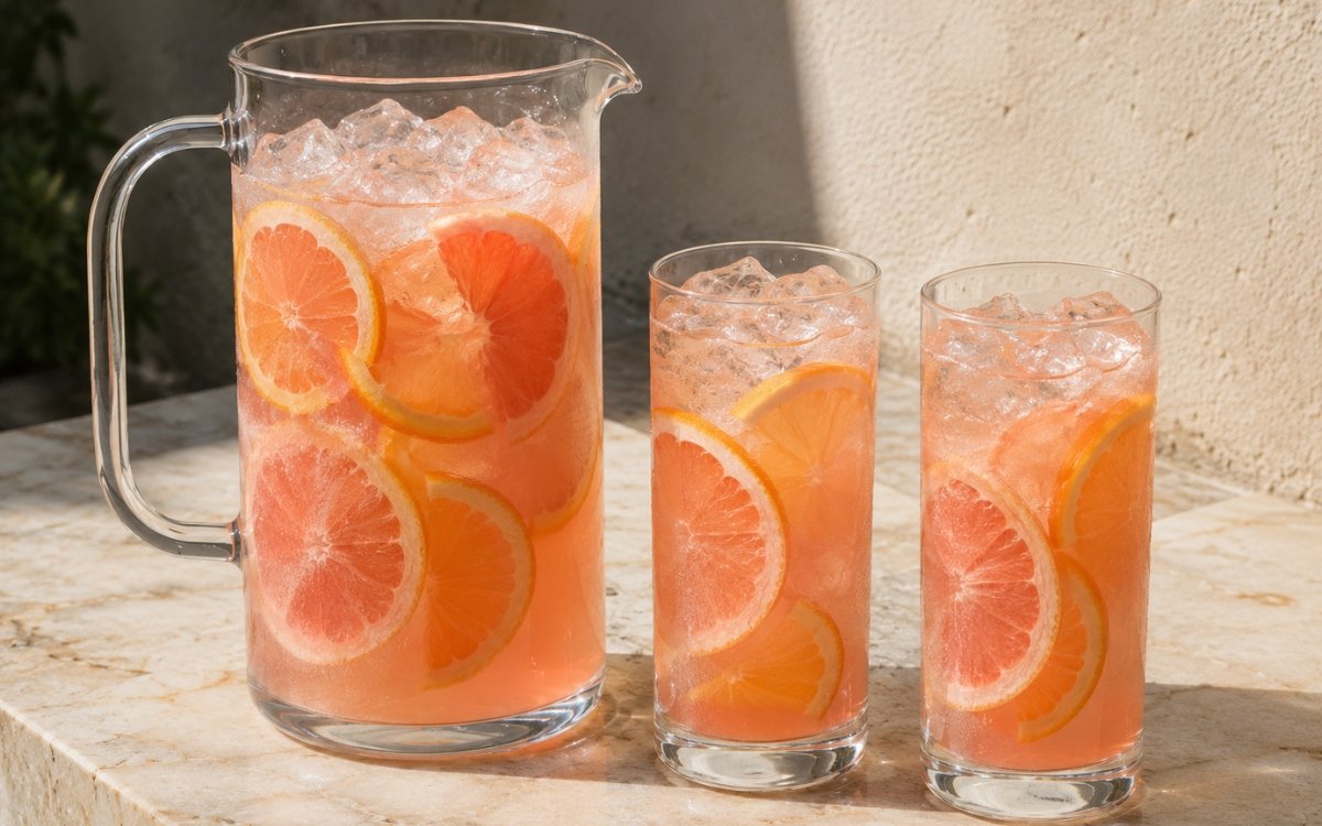 Large grapefruit orange pitcher showing vivid amber-pink still drink with orange rounds and grapefruit slices visible on marble surface
