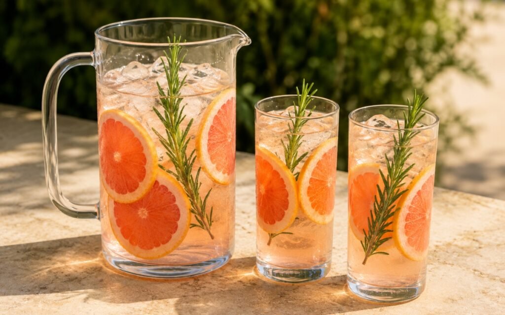 Grapefruit rosemary infused water in a large pitcher showing pale blush-amber water with grapefruit rounds and fresh rosemary sprigs visible throughout on marble surface