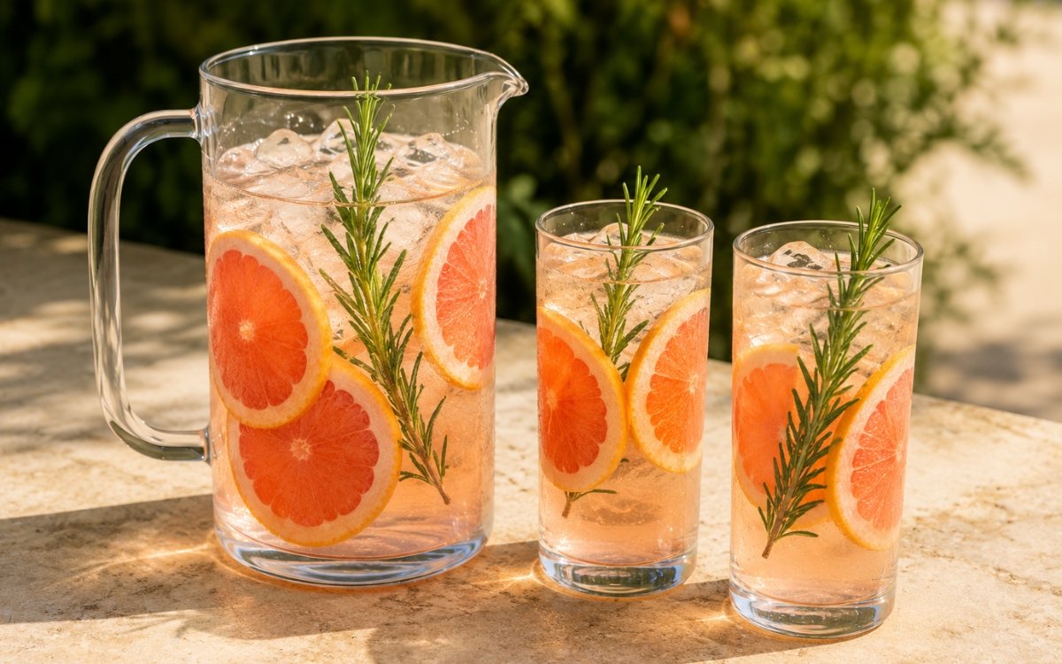 Grapefruit rosemary infused water in a large pitcher showing pale blush-amber water with grapefruit rounds and fresh rosemary sprigs visible throughout on marble surface