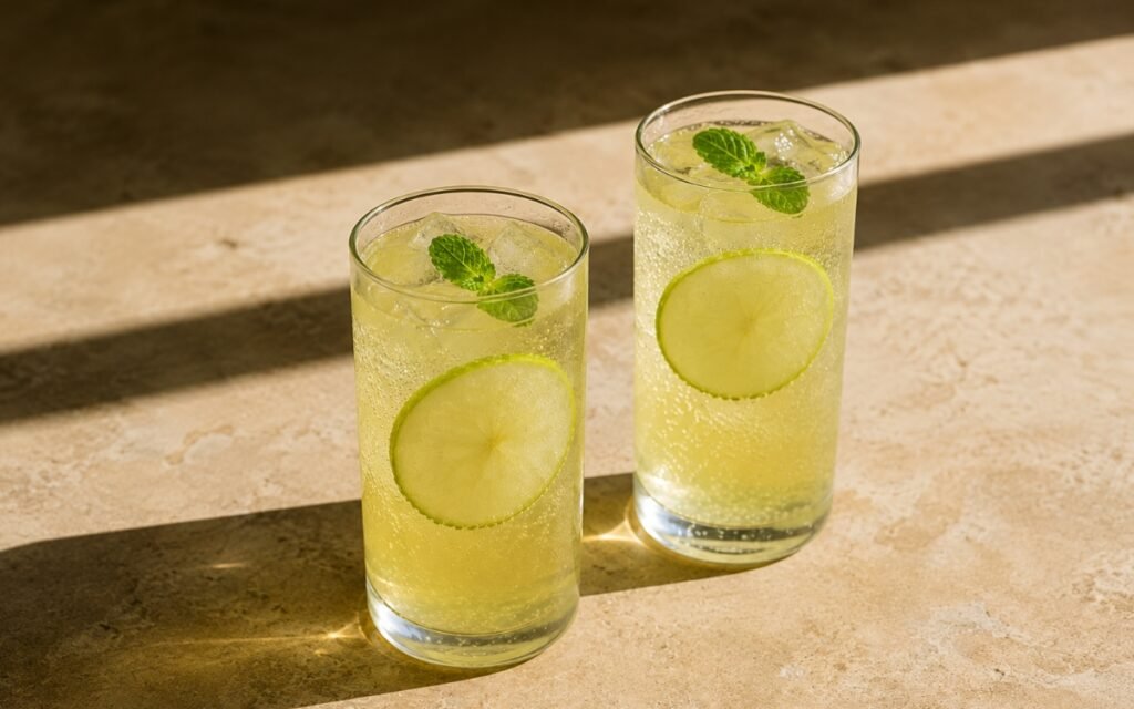 Green apple ginger mint fizz mocktail in a tall glass showing pale green sparkling drink over ice with a thin green apple slice visible beneath the ice and a fresh mint sprig on top on marble surface