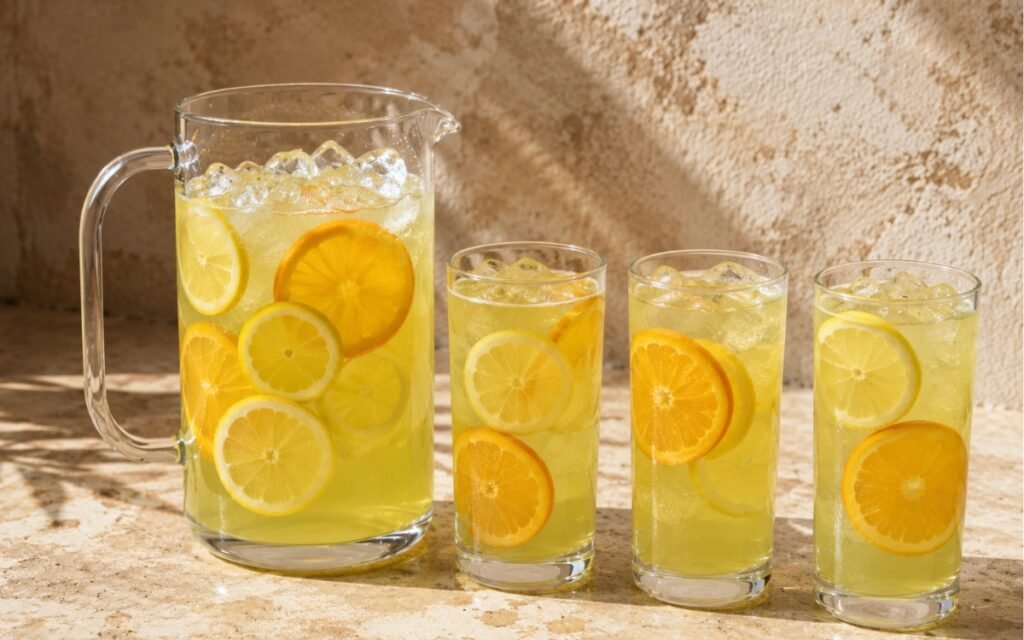 Large green tea citrus pitcher showing pale golden-green still drink with lemon rounds and orange slices visible on marble surface
