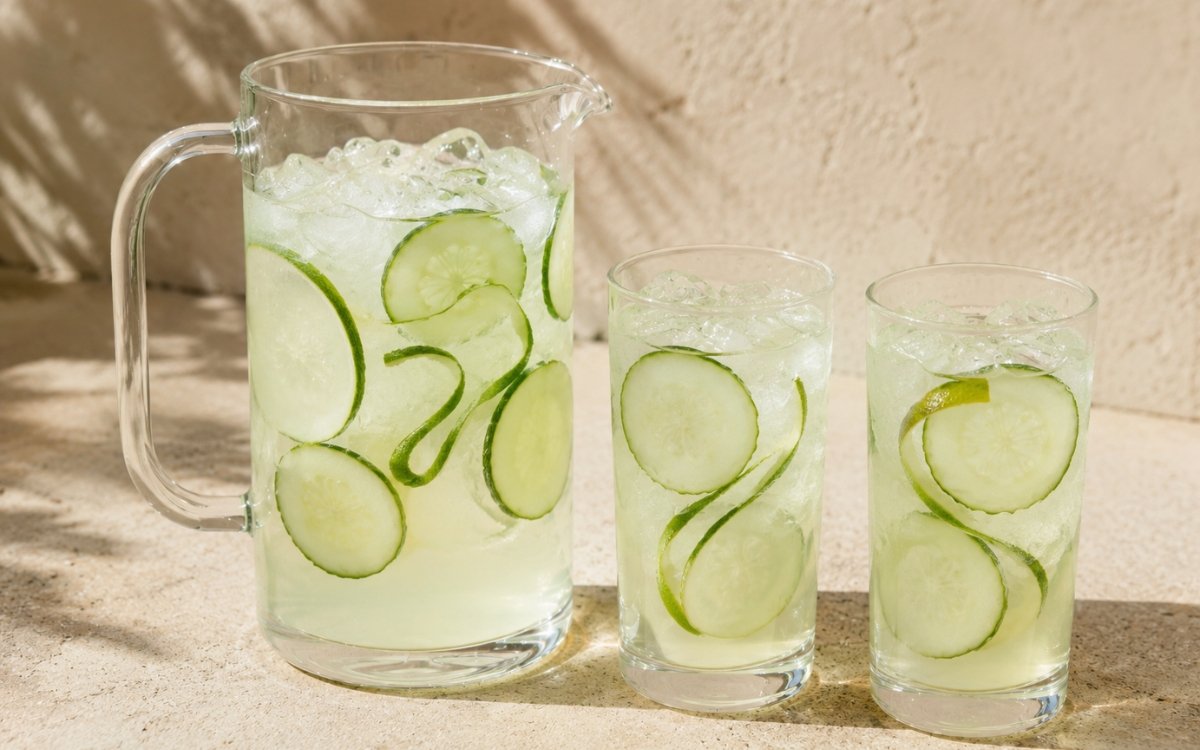 Large green tea cucumber pitcher showing very pale clear-green still drink with thin cucumber slices and lime peel twists visible on marble surface
