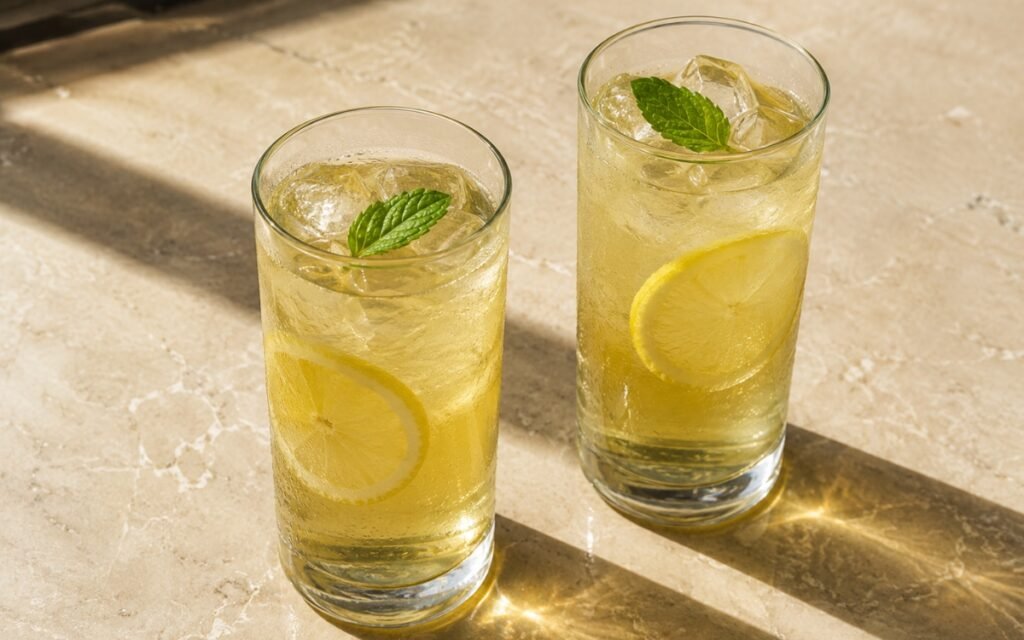 Green tea lemonade in a tall glass showing pale clear-green still drink over ice with a lemon slice against the glass on marble surface