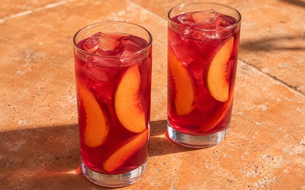 Hibiscus peach white iced tea in a tall glass showing deep ruby still drink over ice with peach slices and dried hibiscus flowers on marble surface