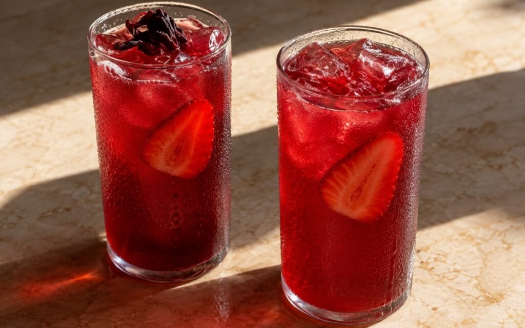 Hibiscus strawberry lemonade in a tall glass showing vivid ruby-red still drink over ice with thin strawberry slices, a lemon slice, and a fresh mint sprig on top on marble surface