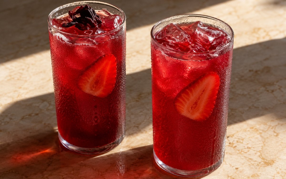 Hibiscus strawberry lemonade in a tall glass showing vivid ruby-red still drink over ice with thin strawberry slices, a lemon slice, and a fresh mint sprig on top on marble surface
