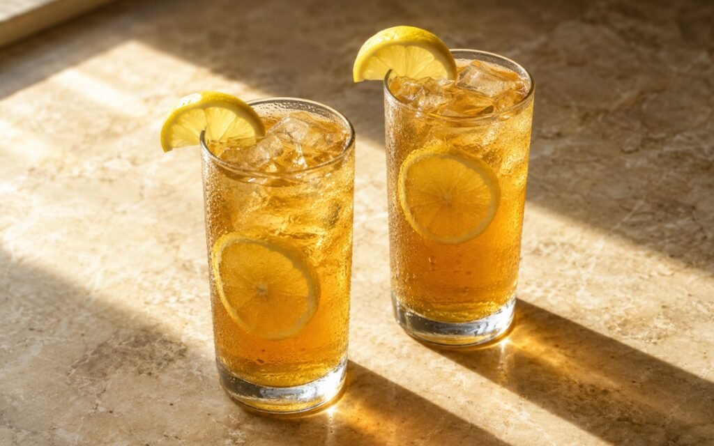 Iced tea lemonade in a tall glass showing pale amber still drink over ice with a lemon slice against the glass on marble surface