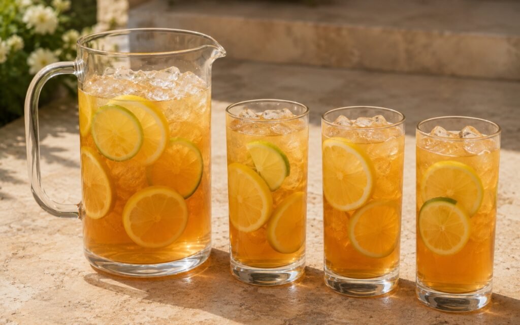 Large iced tea lemonade pitcher showing pale amber still drink with lemon rounds and lime slices visible on marble surface