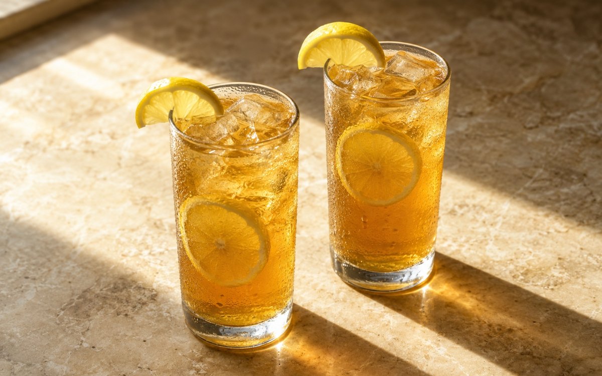 Iced tea lemonade in a tall glass showing pale amber still drink over ice with a lemon slice against the glass on marble surface