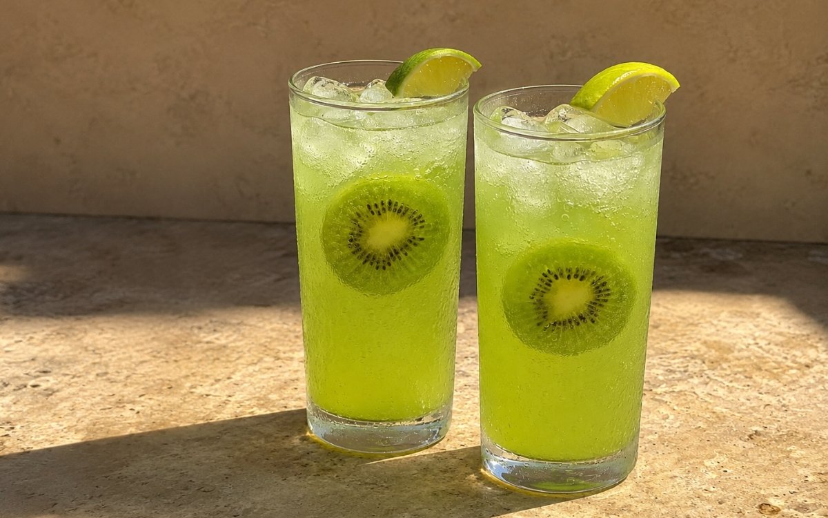 Kiwi lime sparkling mocktail in a tall glass showing vivid jade-green sparkling drink over ice with a kiwi round visible against the glass and a lime wedge on the rim on marble surface
