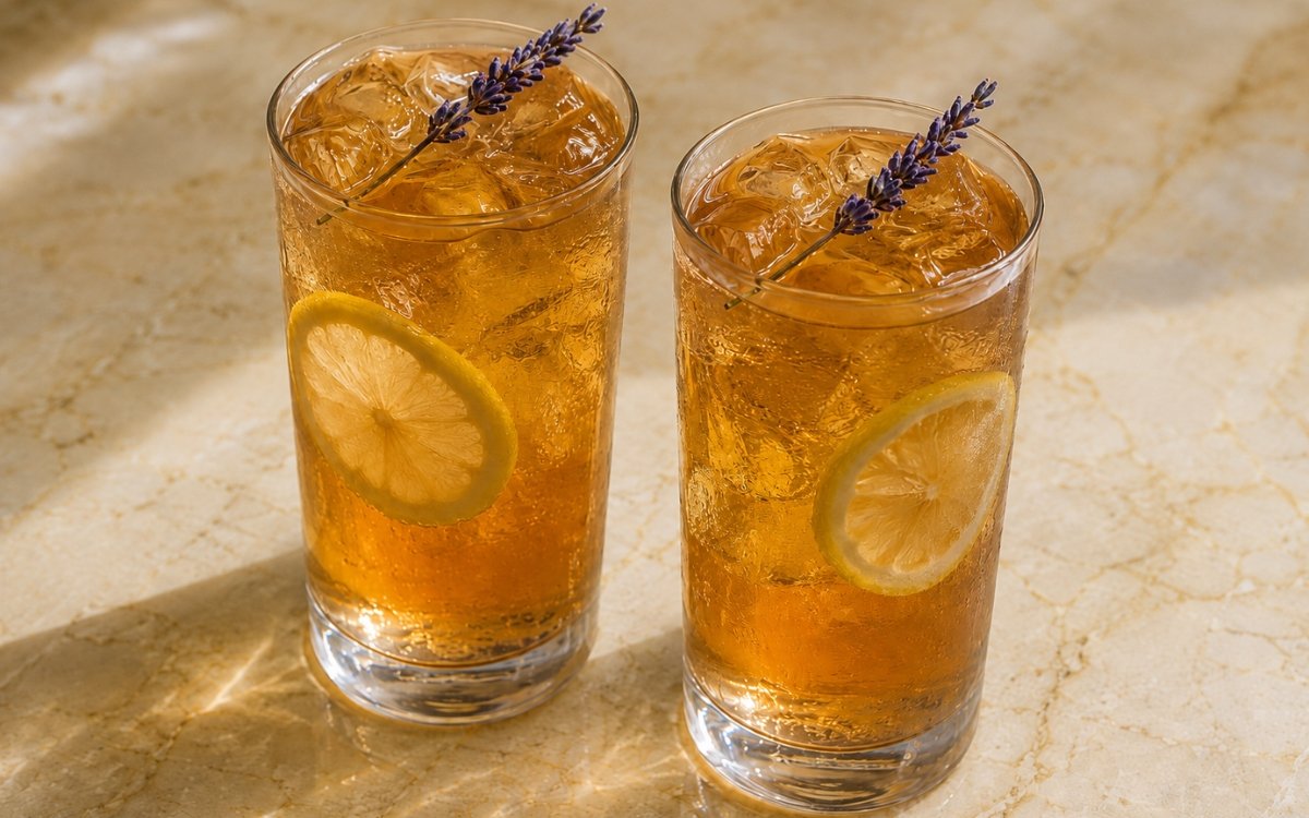 Lavender lemon iced tea in a tall glass showing pale amber still drink over ice with a fresh lavender sprig and lemon peel twist on marble surface