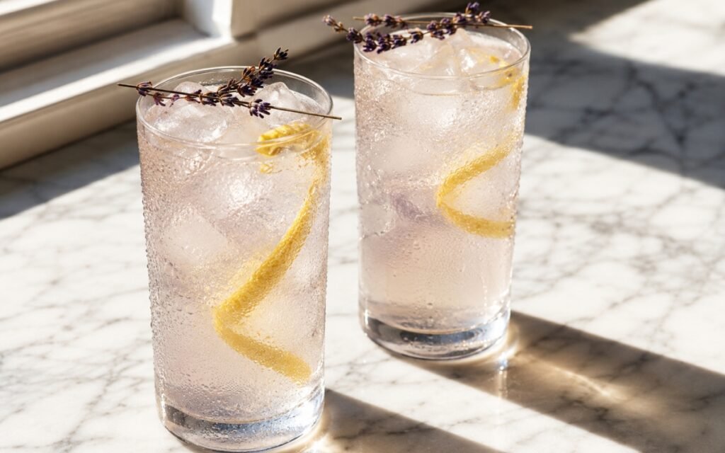 Lavender lemonade in a tall glass showing pale golden still drink over ice with a lemon slice and a tiny lavender sprig on top on marble surface