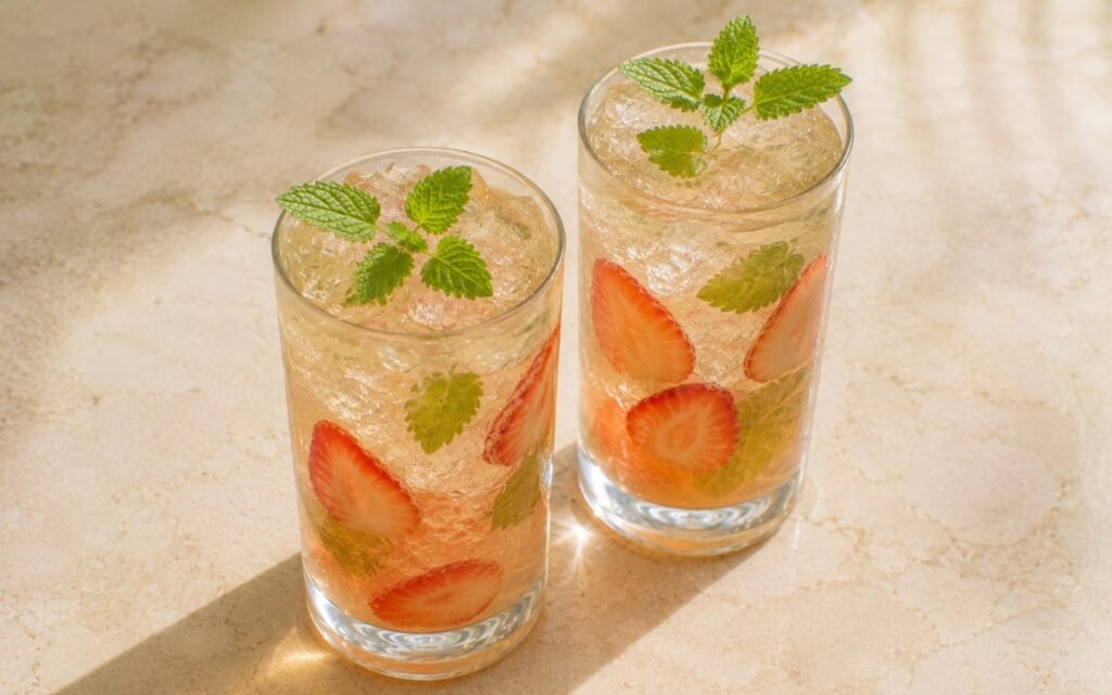 Lemon balm strawberry green iced tea in a tall glass showing pale golden-green still drink over ice with strawberry slices and fresh lemon balm leaves on marble surface