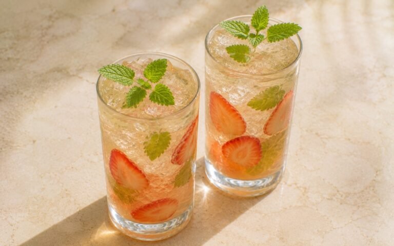 Lemon balm strawberry green iced tea in a tall glass showing pale golden-green still drink over ice with strawberry slices and fresh lemon balm leaves on marble surface