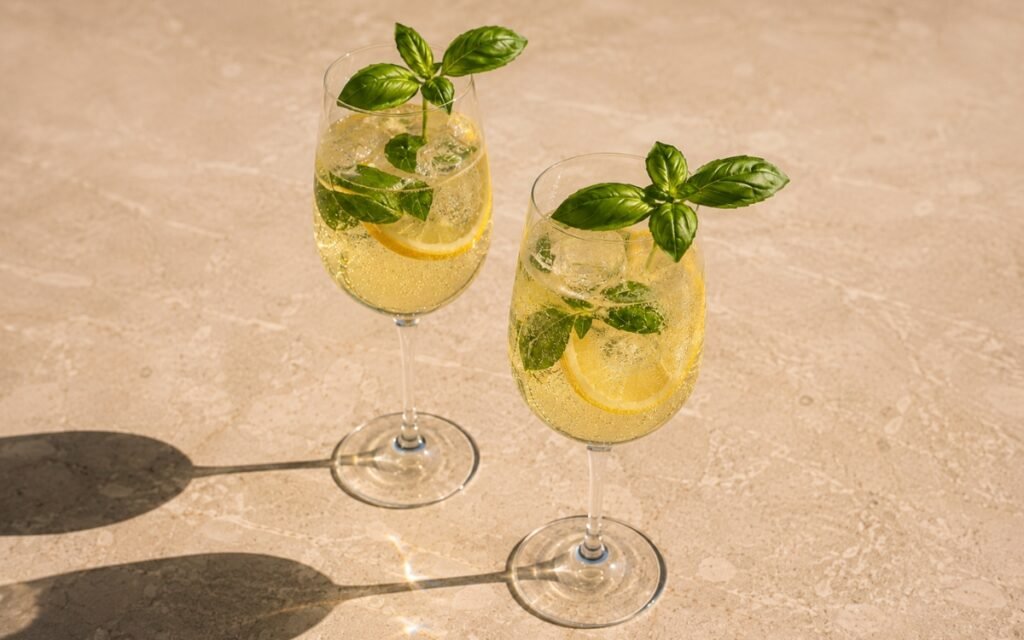 Lemon basil spritz mocktail in wide wine glasses with pale yellow sparkling liquid, lemon wheel inside the glass and fresh basil sprig on the rim on a warm beige marble surface
