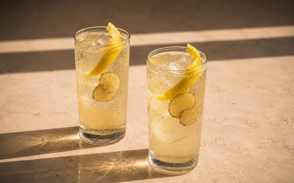 Lemon ginger tonic mocktail in tall highball glasses with pale almost-clear golden liquid, ginger root slices inside the glass and lemon peel twist on the rim on a warm marble surface