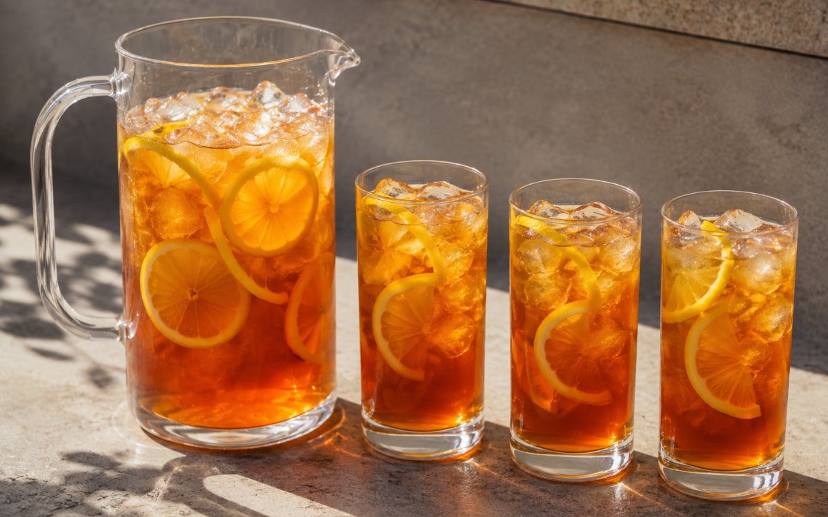 Large lemon iced tea pitcher showing pale amber still drink with lemon rounds and lemon peel twists visible on marble surface
