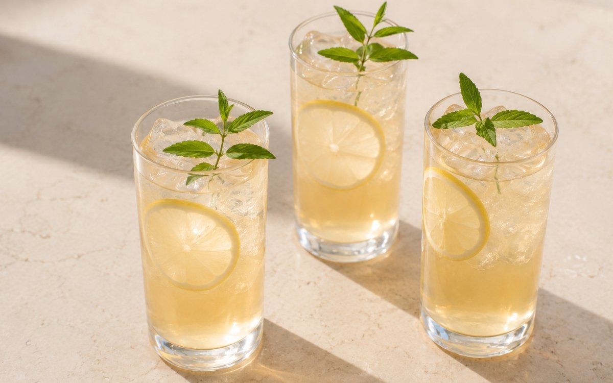 Lemon verbena iced tea in a tall glass showing pale golden-clear still drink over ice with a lemon slice and a fresh lemon verbena sprig resting on the ice on marble surface