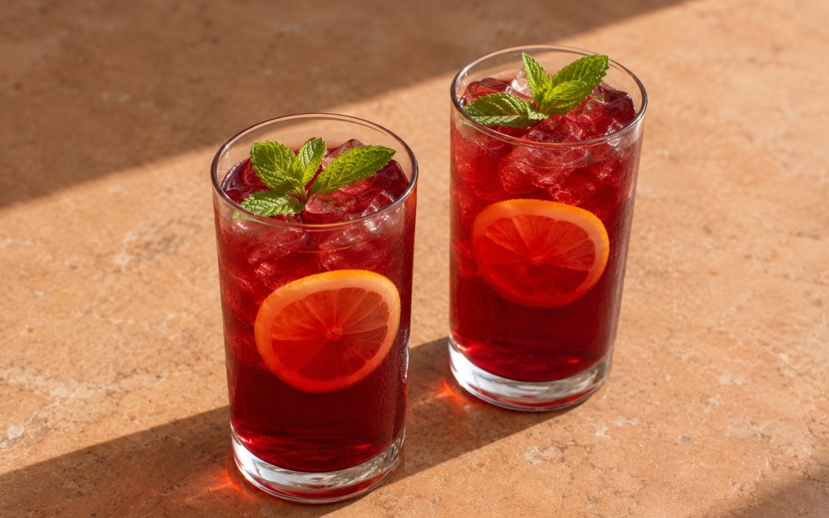 Light hibiscus mint cooler in a tall glass showing vivid ruby-red still drink over ice with lemon slices and fresh mint leaves garnish on marble surface