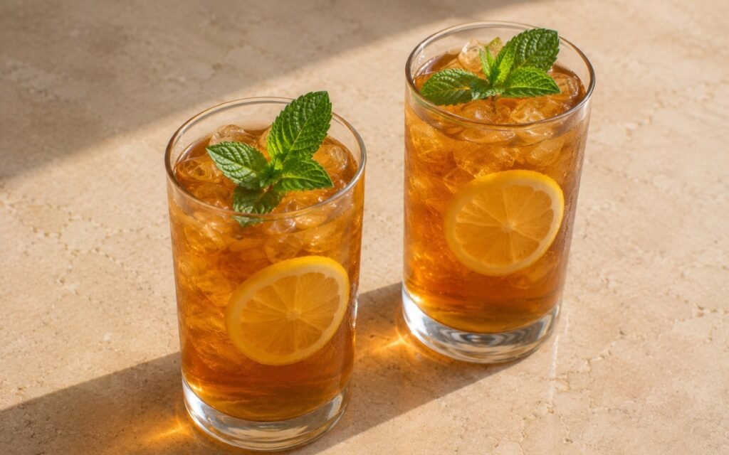 Lemon mint iced black tea in a tall glass showing pale amber still drink over ice with a lemon slice and fresh mint sprig on marble surface