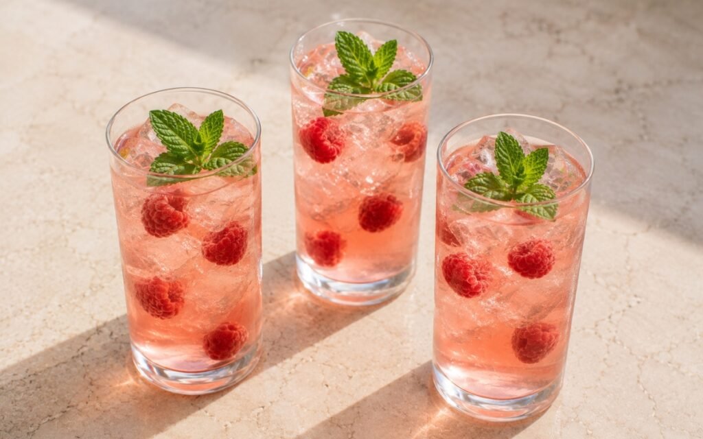 Light raspberry mint iced white tea in a tall glass showing pale blush-pink still drink over ice with fresh raspberries on the ice and fresh mint leaves on top on marble surface