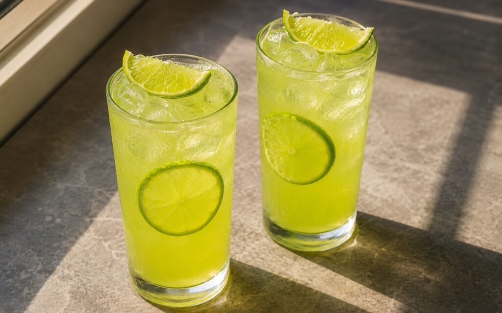 Lime lemonade in a tall glass showing pale clear-green still drink over ice with a lime slice against the glass and a lime peel twist on marble surface
