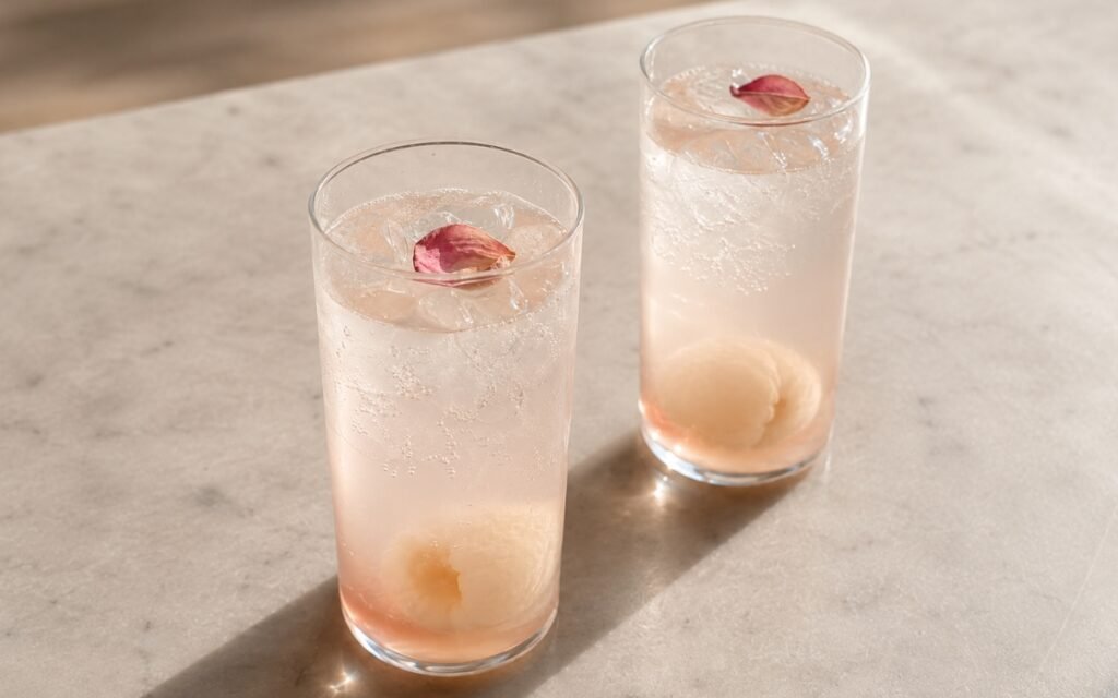 Lychee rose spritzer mocktail in a tall glass showing pale pink sparkling drink over ice with a whole lychee visible at the bottom of the glass and a single rose petal floating on the surface on marble surface