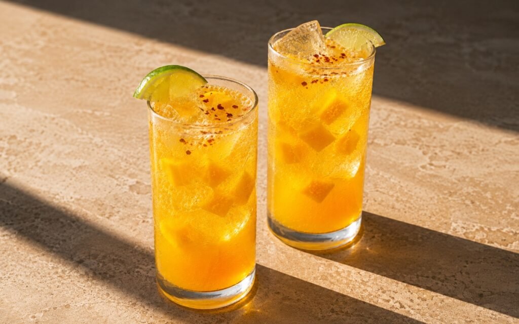 Mango chili lime spritzer mocktail in tall highball glasses with vivid golden-orange sparkling liquid, diced mango pieces, red chili flakes and lime wedge on a warm stone surface