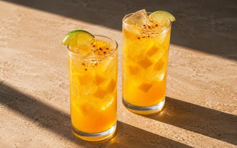 Mango chili lime spritzer mocktail in tall highball glasses with vivid golden-orange sparkling liquid, diced mango pieces, red chili flakes and lime wedge on a warm stone surface