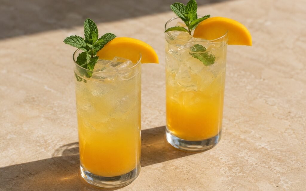 Mango green tea lemonade in a tall glass showing a natural golden gradient from vivid mango orange at the bottom to pale clear lemonade at the top over ice with a fresh mint sprig and mango wedge garnish on marble surface