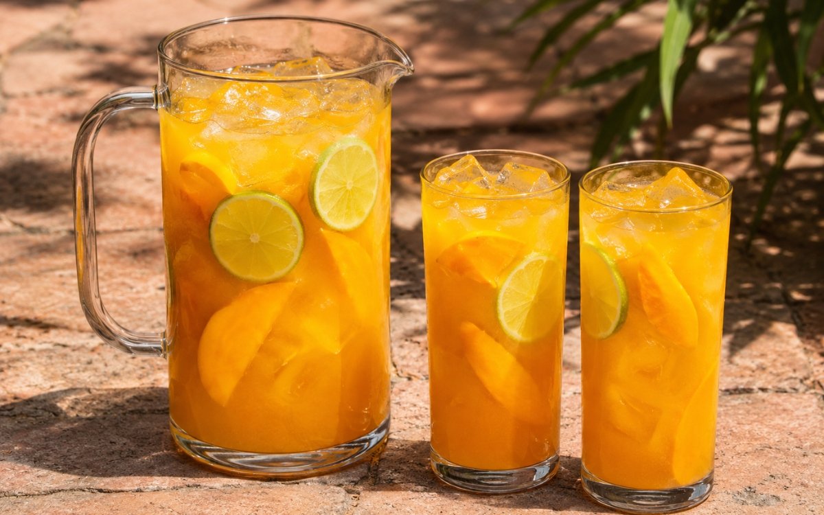 Large mango lime pitcher showing vivid golden-orange still drink with lime slices and fresh mango slices visible on marble surface