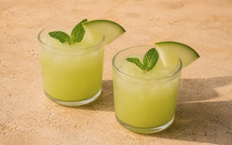 Melon mint agua fresca mocktail in a short wide glass showing pale green still drink over ice with a small honeydew melon wedge hooked on the rim and a fresh mint sprig among the ice on marble surface
