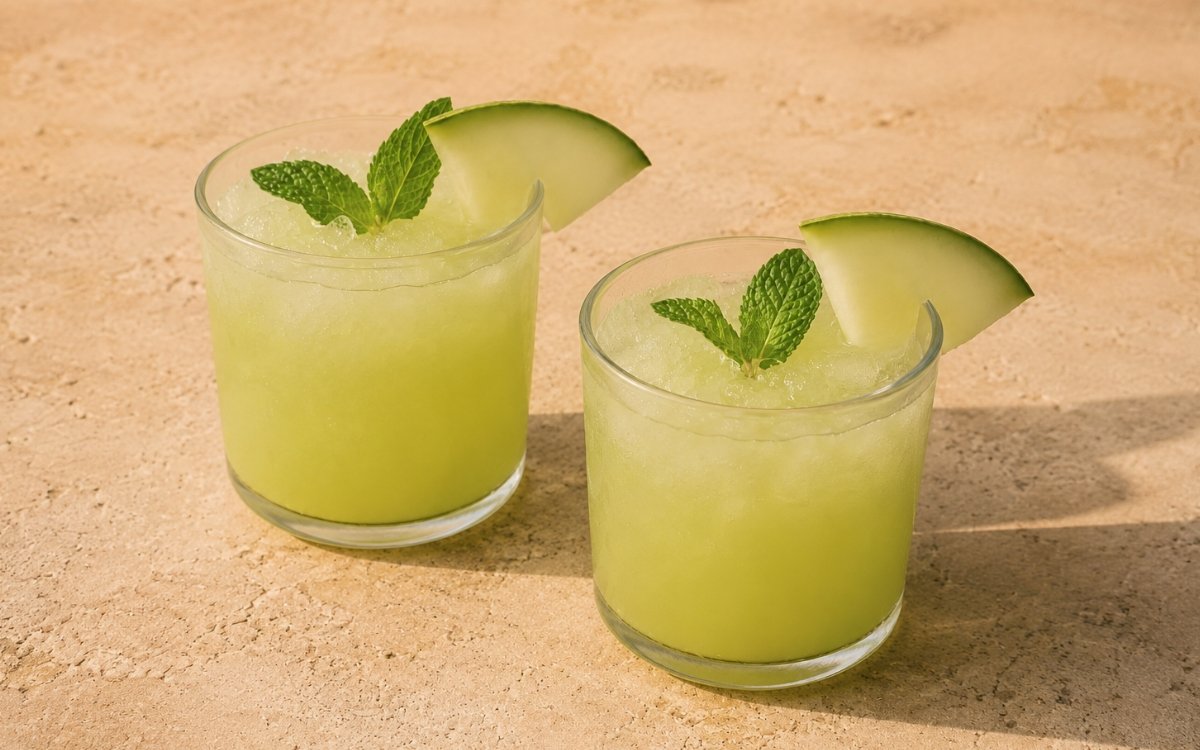 Melon mint agua fresca mocktail in a short wide glass showing pale green still drink over ice with a small honeydew melon wedge hooked on the rim and a fresh mint sprig among the ice on marble surface