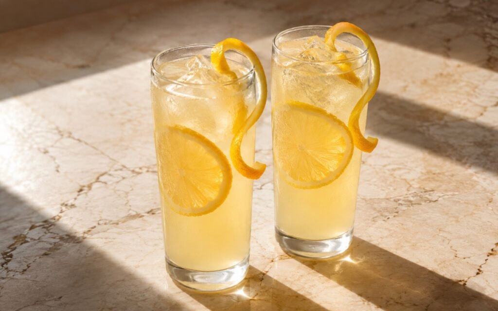 Meyer lemon lemonade in a tall glass showing pale golden-yellow still drink over ice with a Meyer lemon slice against the glass and a peel twist on marble surface