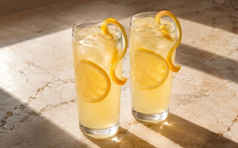 Meyer lemon lemonade in a tall glass showing pale golden-yellow still drink over ice with a Meyer lemon slice against the glass and a peel twist on marble surface