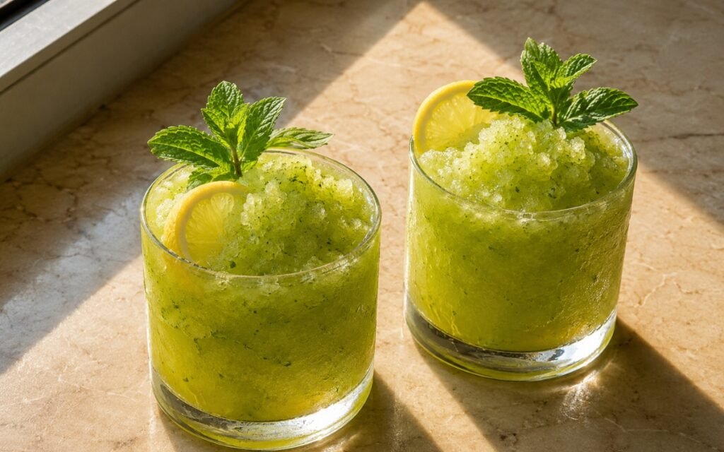 Blended mint lemonade in a glass showing pale green slushy drink with visible ice texture, fresh mint leaves on top, and a lemon slice garnish on marble surface
