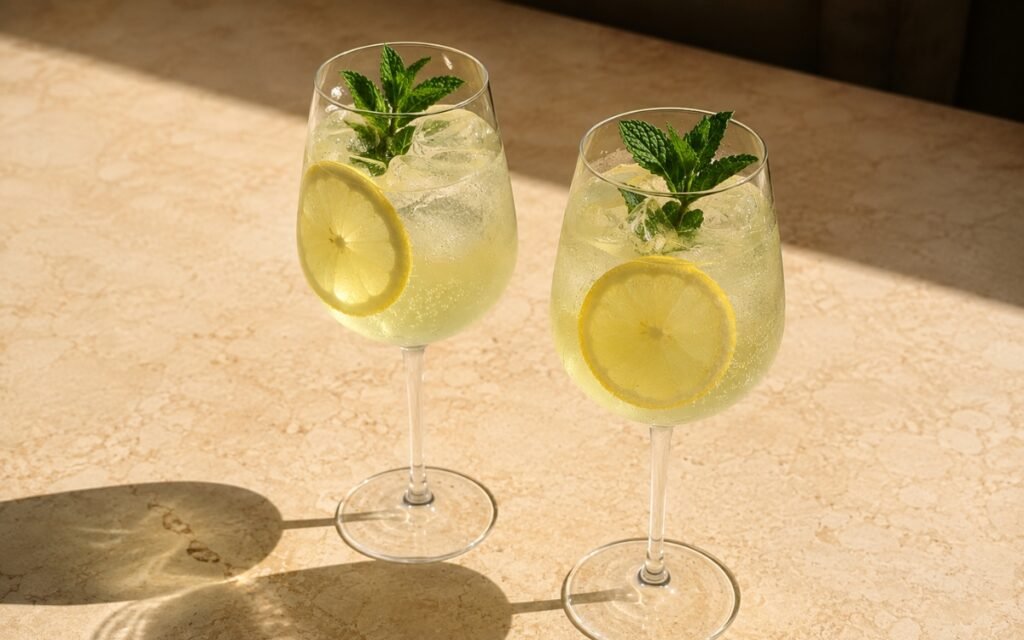 Mint lemonade spritz in a large wine glass showing pale lemon sparkling drink over ice with a thin lemon wheel against the glass and a small mint sprig standing above the ice on marble surface