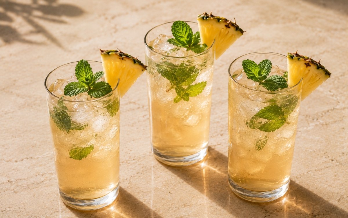 Mint pineapple white tea cooler in a tall glass showing pale golden still drink over ice with fresh mint leaves and pineapple cubes on marble surface