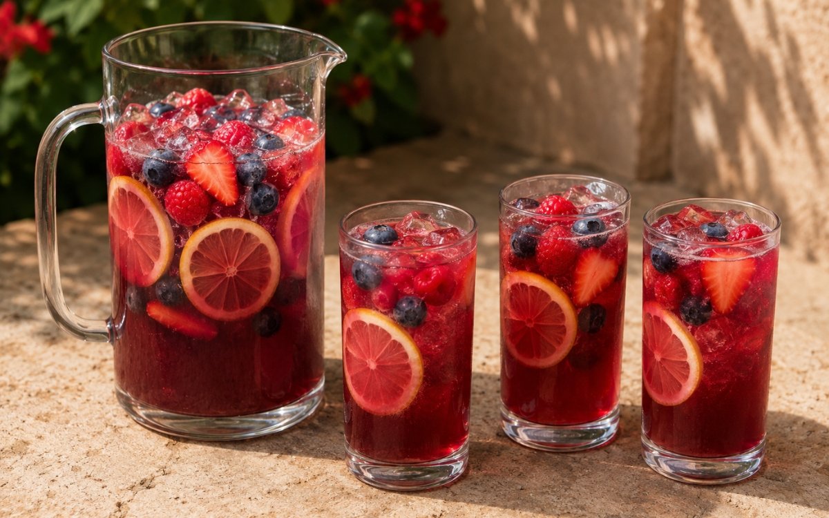 Large mixed berry citrus pitcher showing vivid dark berry-red still drink with lemon slices and fresh raspberries, strawberries, and blueberries as garnish visible on marble surface