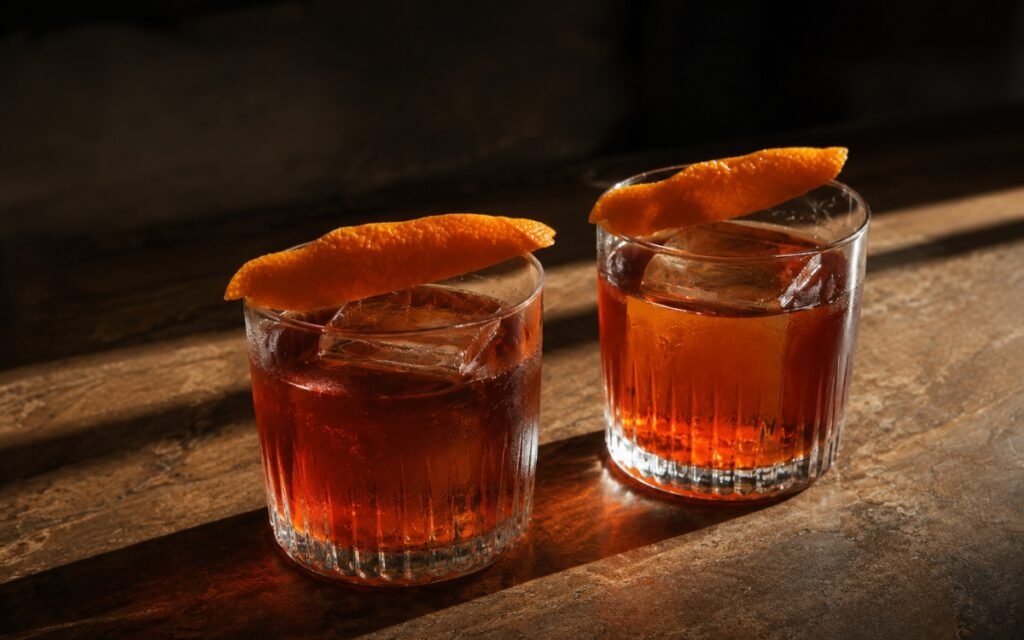 Negroni sbagliato style bitter orange mocktail in an old fashioned glass showing deep amber drink over a single large clear ice cube with an expressed orange peel draped across the rim on marble surface