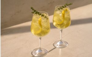 Non-alcoholic limoncello spritz mocktail in standard wine glasses with pale golden sparkling liquid, lemon peel curl inside the glass and fresh thyme sprig on a warm beige marble surface