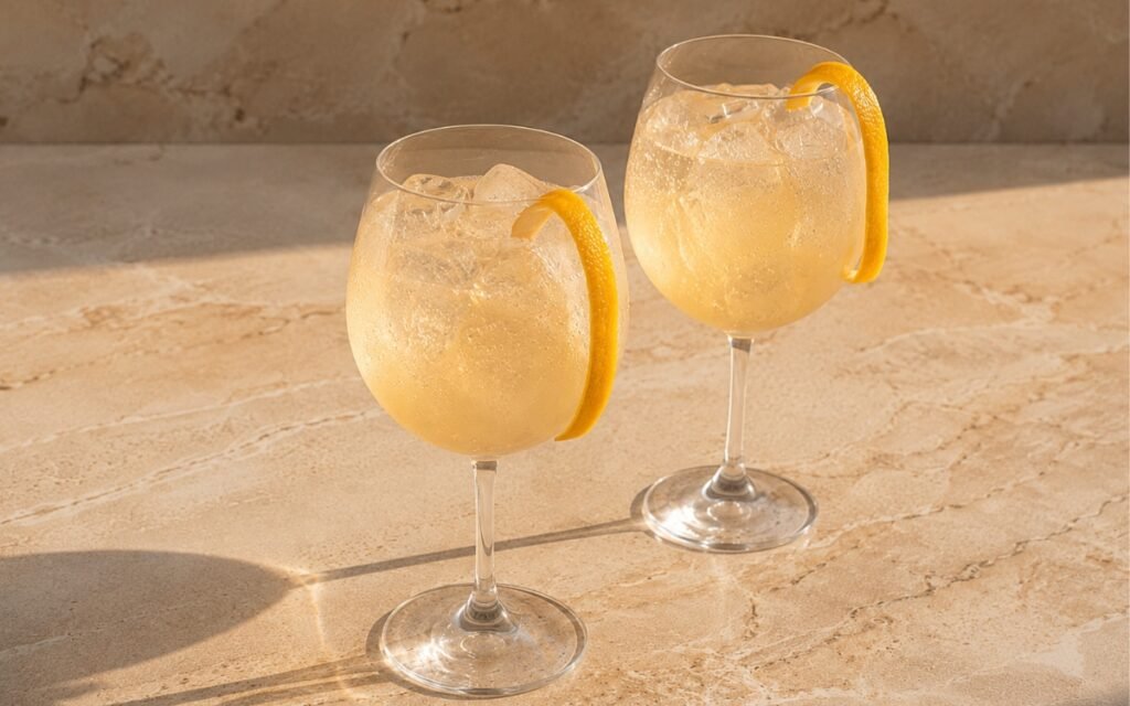 Orange blossom fizz mocktail in a wine glass showing pale golden sparkling drink over ice with a long curled orange peel hooked over the rim on marble surface