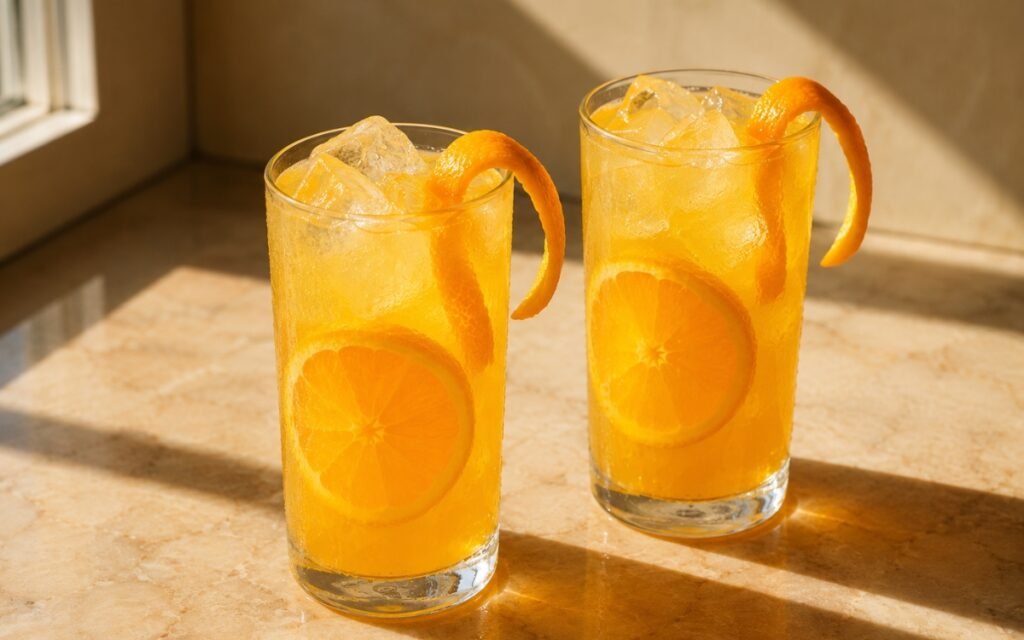 Orange lemonade in a tall glass showing vivid golden-orange still drink over ice with an orange slice against the glass and a lemon peel twist on marble surface