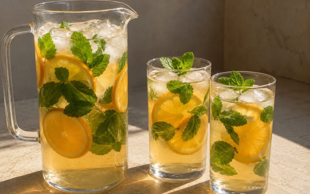 Orange mint infused water in a large pitcher showing pale amber-orange water with orange rounds and fresh mint leaves visible throughout on marble surface