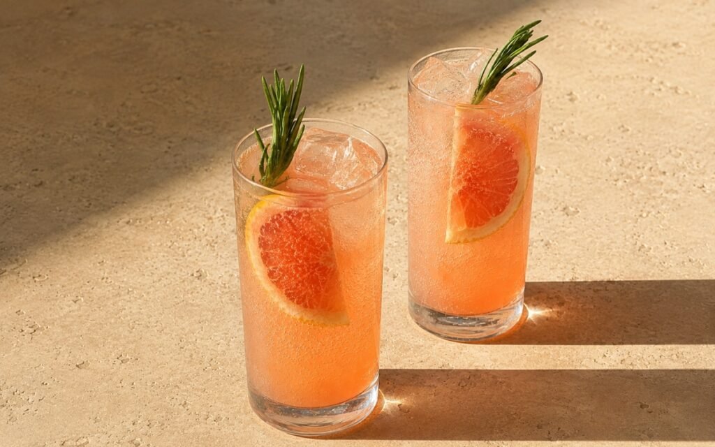 Paloma fizz mocktail in tall highball glasses with pale pink-orange grapefruit sparkling liquid, grapefruit wedge pressed against the glass and rosemary sprig on a warm stone surface