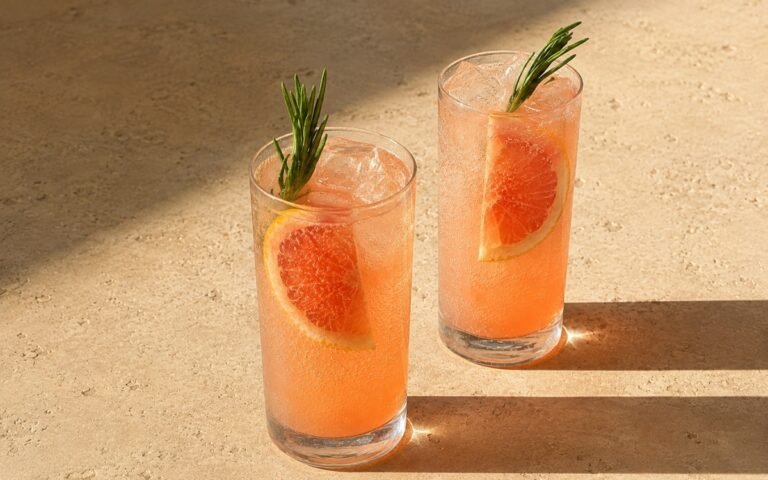 Paloma fizz mocktail in tall highball glasses with pale pink-orange grapefruit sparkling liquid, grapefruit wedge pressed against the glass and rosemary sprig on a warm stone surface