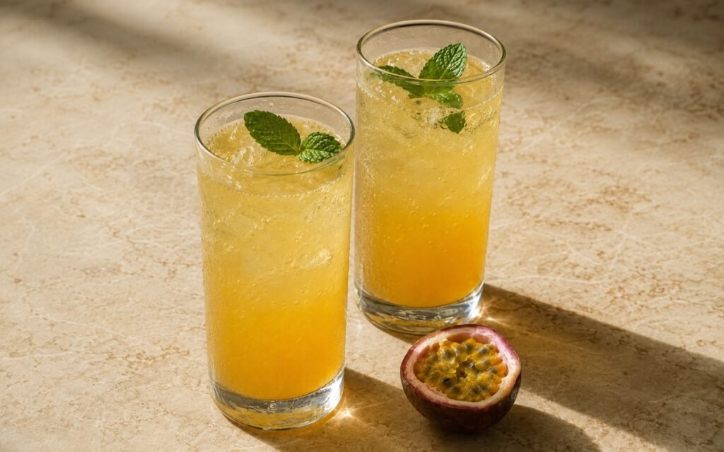 Passion fruit mint spritzer mocktail in a tall glass showing golden sparkling drink over ice with visible passion fruit seeds scattered on the surface and a fresh mint sprig on top on marble surface