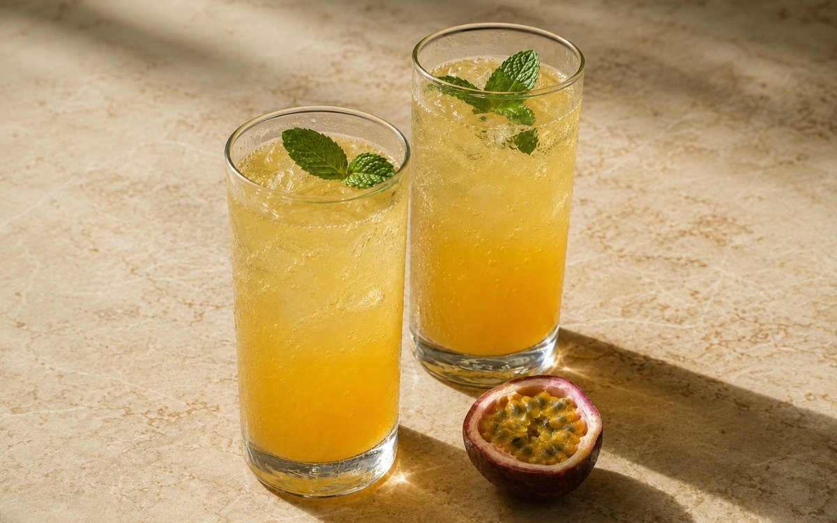 Passion fruit mint spritzer mocktail in a tall glass showing golden sparkling drink over ice with visible passion fruit seeds scattered on the surface and a fresh mint sprig on top on marble surface