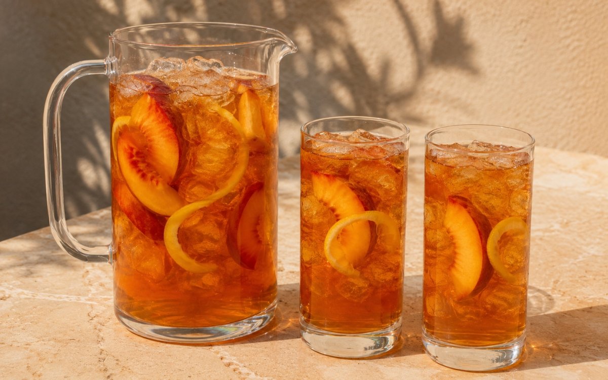 Large peach iced tea pitcher showing pale golden-amber still drink with fresh peach slices and lemon peel twists visible on marble surface