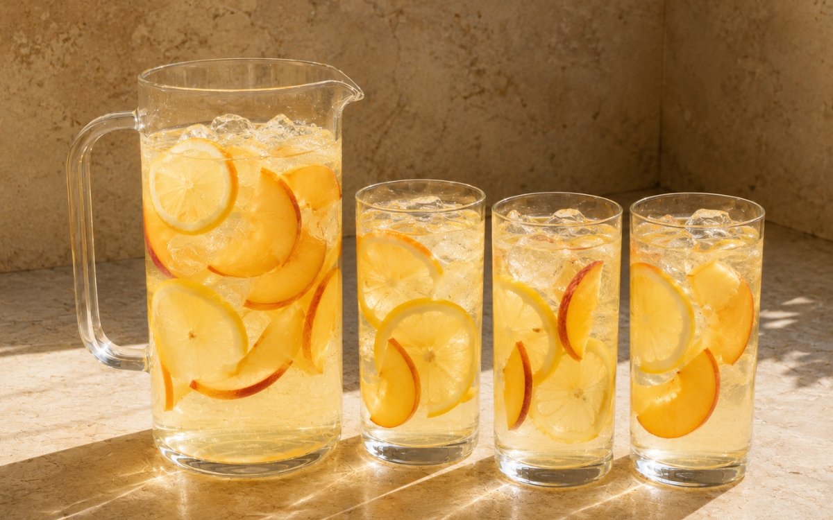 Peach lemon infused water in a large pitcher showing pale golden-blush water with thin peach slices and lemon rounds visible throughout on marble surface